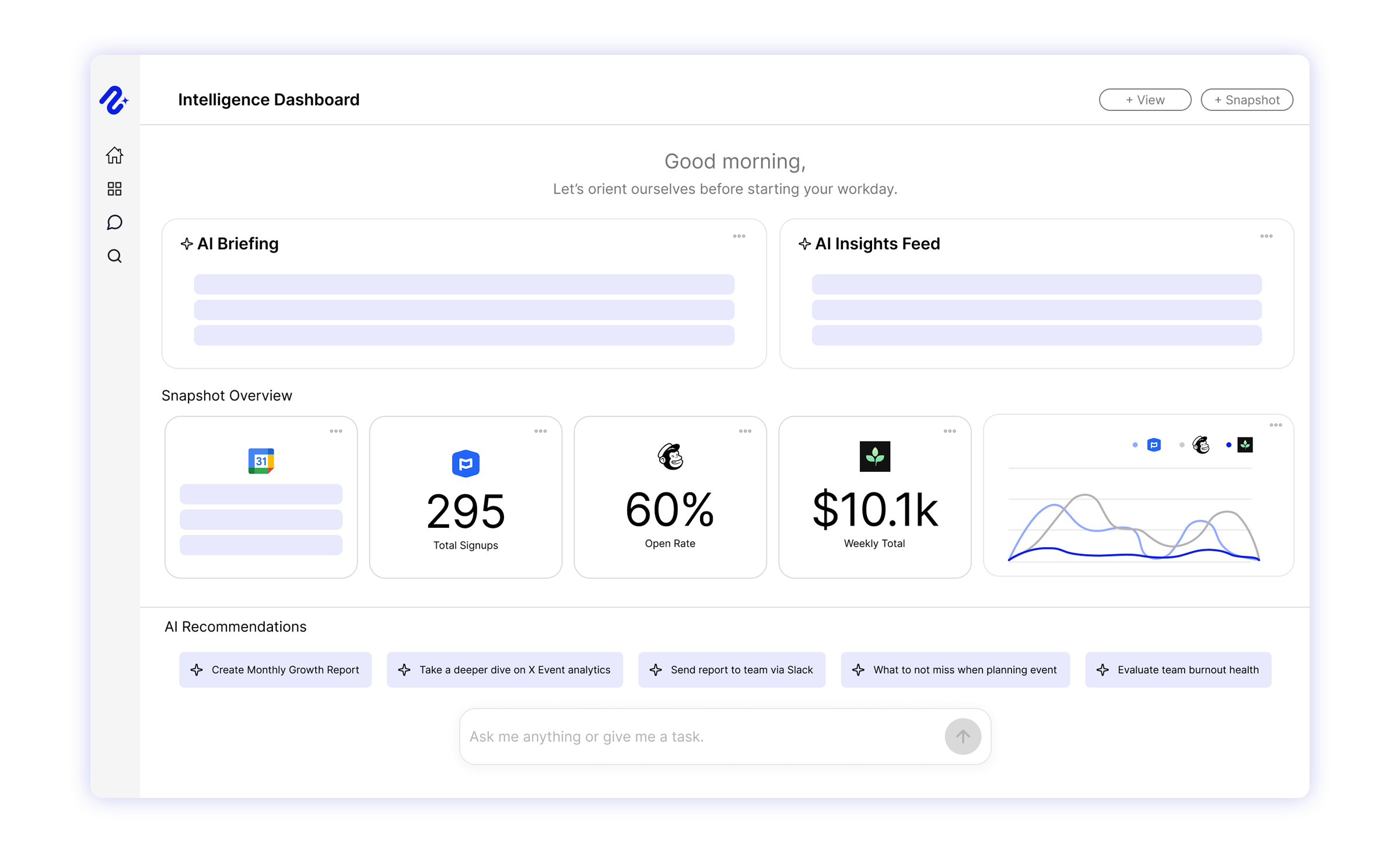 Nurii Intelligence Dashboard with AI briefing, insights feed, and app snapshot cards.