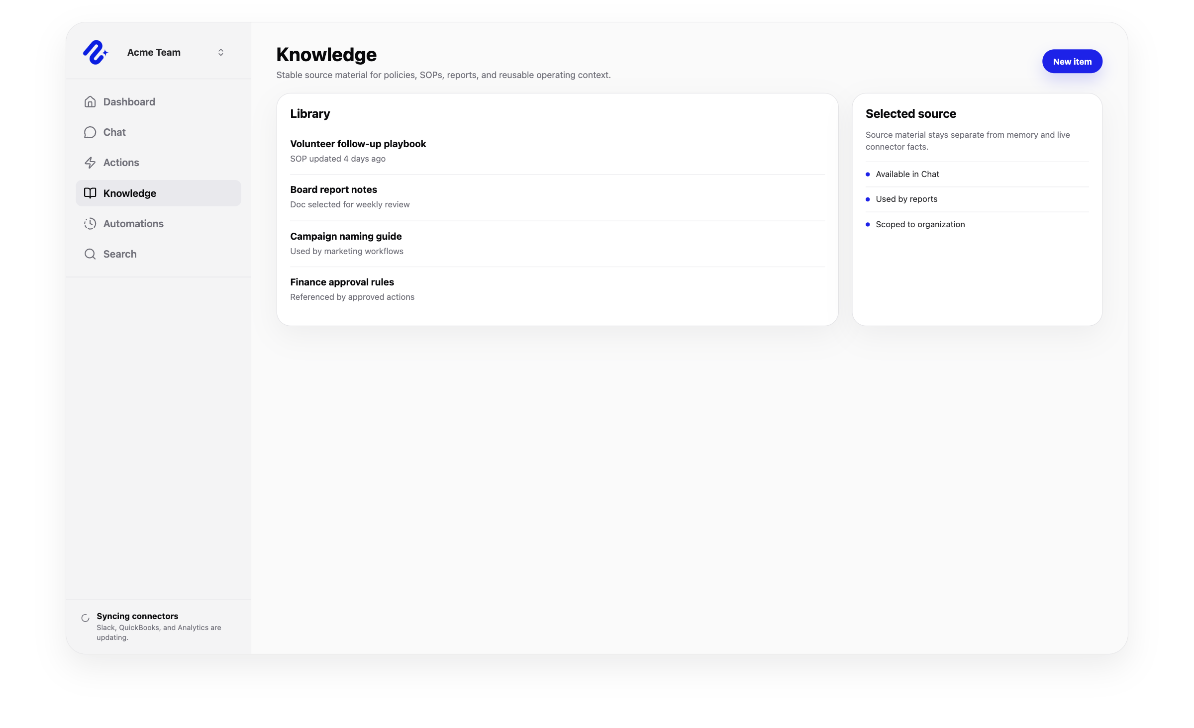 Nurii Knowledge workspace with church SOPs, policies, ministry notes, and grounded staff answers.